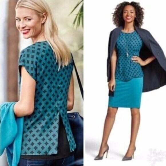 Cabi Foulard Blouse Womens Size Small Teal Blue Back Slit‎ Cap Sleeve Top #3274 - Picture 1 of 16